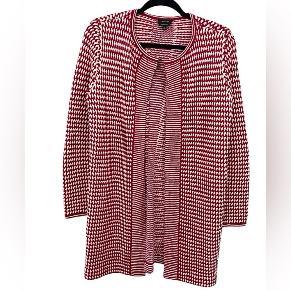 Talbots 100% Pure‎ Merino Wool Sweater Cardigan Duster Size SMALL Red White